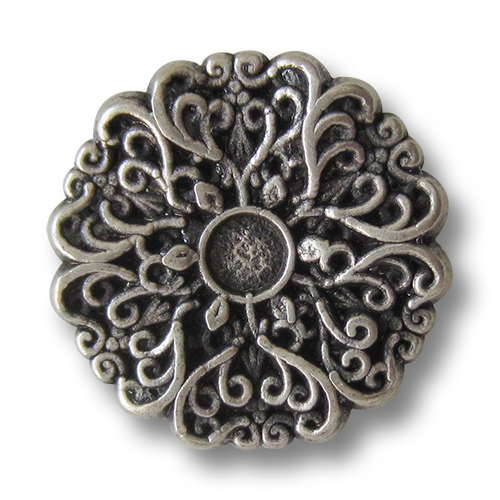 www.Knopfparadies.de - 5413as - Zauberhafte Metallknöpfe in Altsilber wie nostalgische Blume