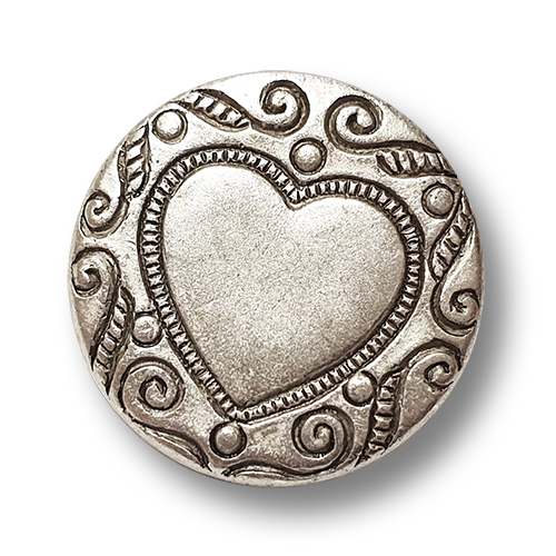 www.knopfparadies.de - 6242hs - Hübsche altsilberfarbene Metallknöpfe mit Herzmotiv