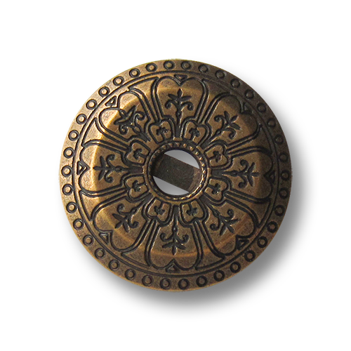 Bildschöne altmessingfarbene Metallknöpfe mit Ornament Muster und Öse