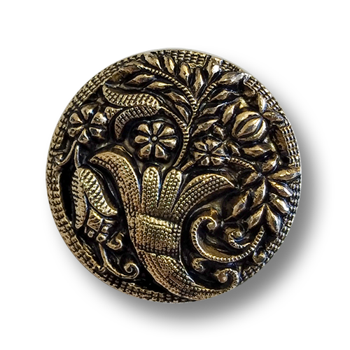 www.knopfparadies.de - 4531ag - Altgoldfarbene Kunststoffknöpfe mit filigranem Blumenmuster