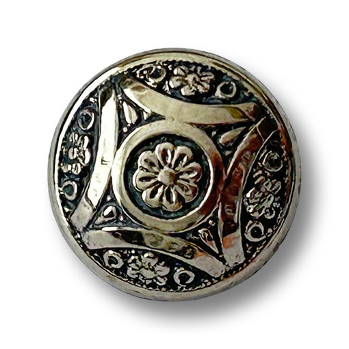 www.knopfparadies.de - 7035as - Stark gewölbter Kunststoffknopf in glänzendem Altsilber mit historischer Trachtenprägung