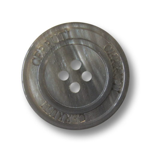 Grauer Vierloch Kunststoff Knopf mit Designer Logo