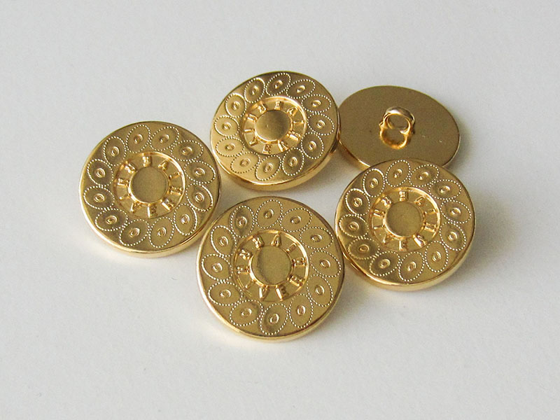 www.Knopfparadies.de - 0560gg - Goldfarbene Metallknöpfe mit Kreismuster und Schriftzug