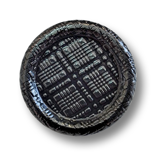 Dunkel chromfarbene, fast schwarze Ösenknöpfe aus Metallblech mit Stoffstruktur