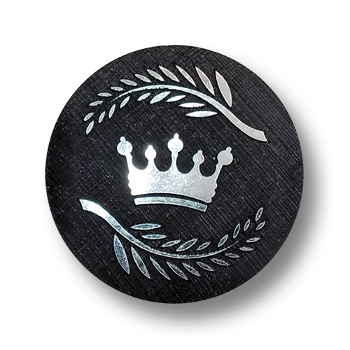 www.knopfparadies.de - 6548sc - Schwarze-silberne Kunststoffknöpfe mit Kronenmotiv