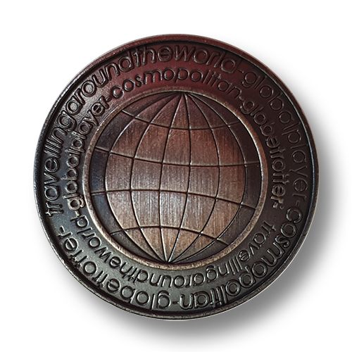 www.knopfparadies.de -3121ti - Eisenfarbene Metallknöpfe mot Motiv Globus