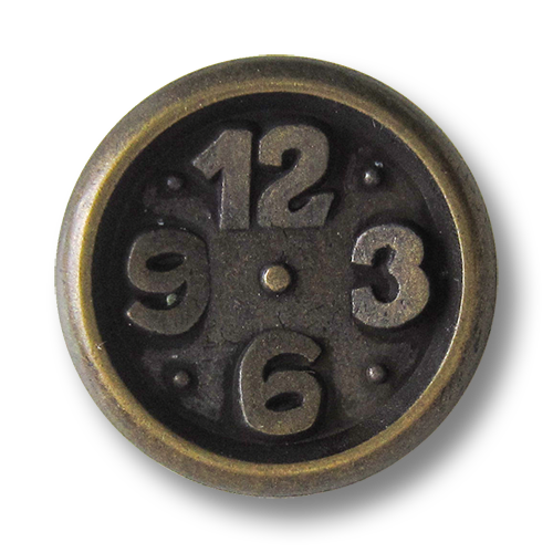 www.Knopfparadies.de - 0285am - Originelle Metallknöpfe in Altsilber mit Uhr Motiv