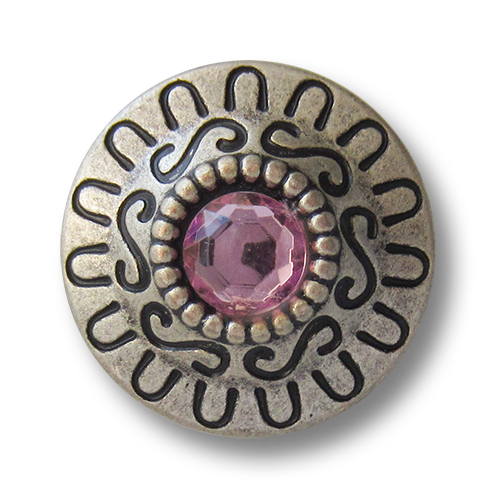www.knopfparadies.de - 3440pi - Altsilberfarbene Metallknöpfe mit pinkem Glitzerstein