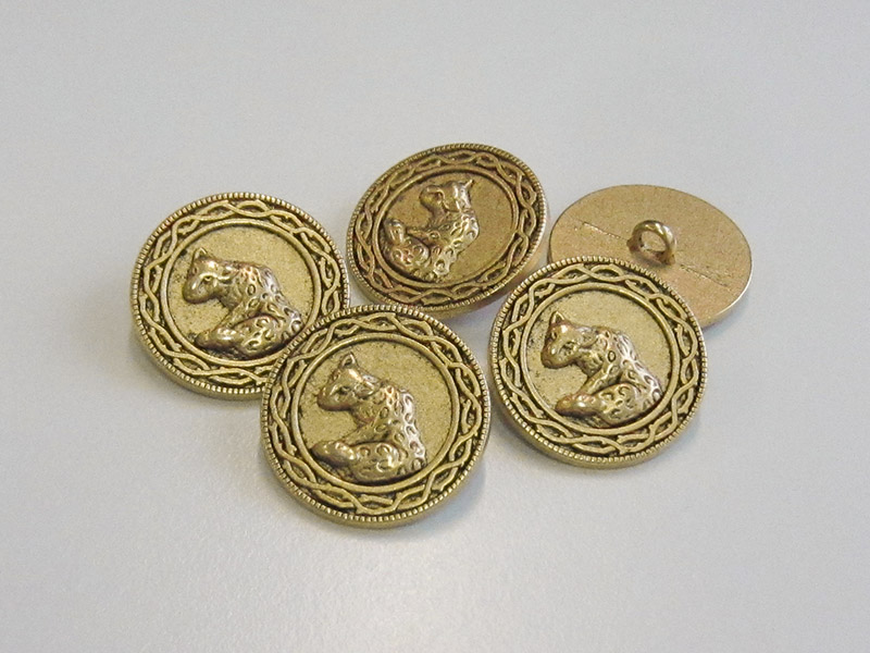 www.knopfparadies.de - 0564ag - Altgoldfarbene Metallknöpfe mit Raubkatze als Motiv