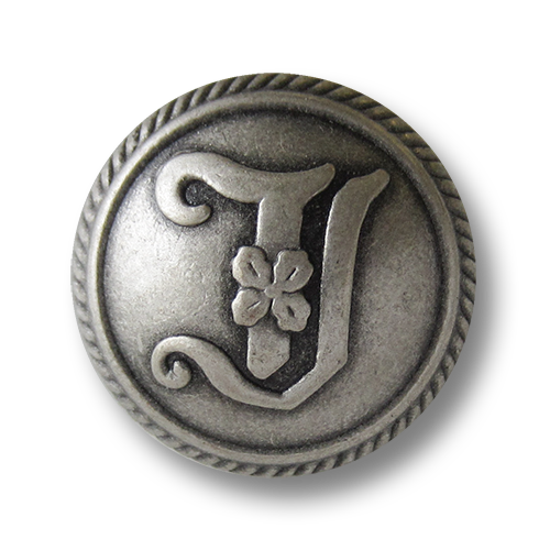 Interessante altsilberfarbene Ösen Metallknöpfe mit Initialen und Blume o. Kleeblatt