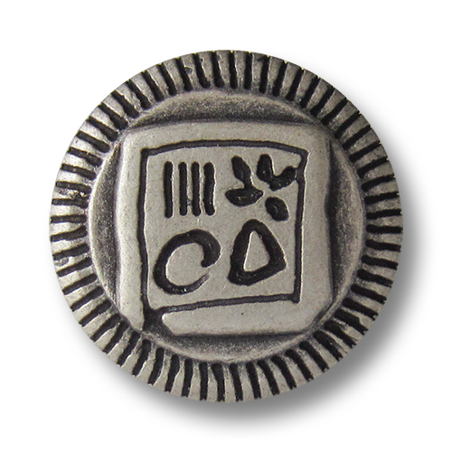 www.Knopfparadies.de - 0851as - Phantasievolle silberne Metallknöpfe mit geschwärztem Viereck & Symbolen