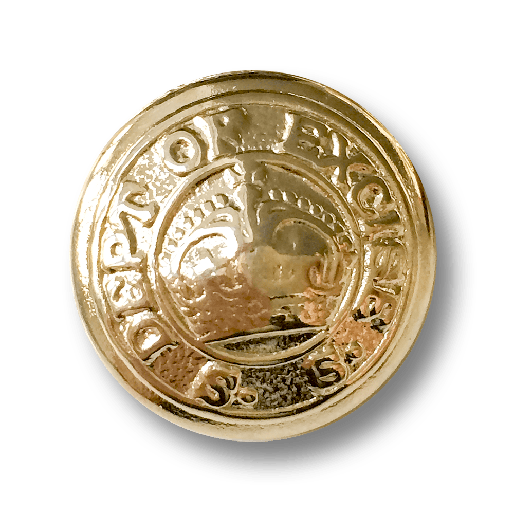 Eleganter goldfb. Metall Knopf mit Krone & Inschrift