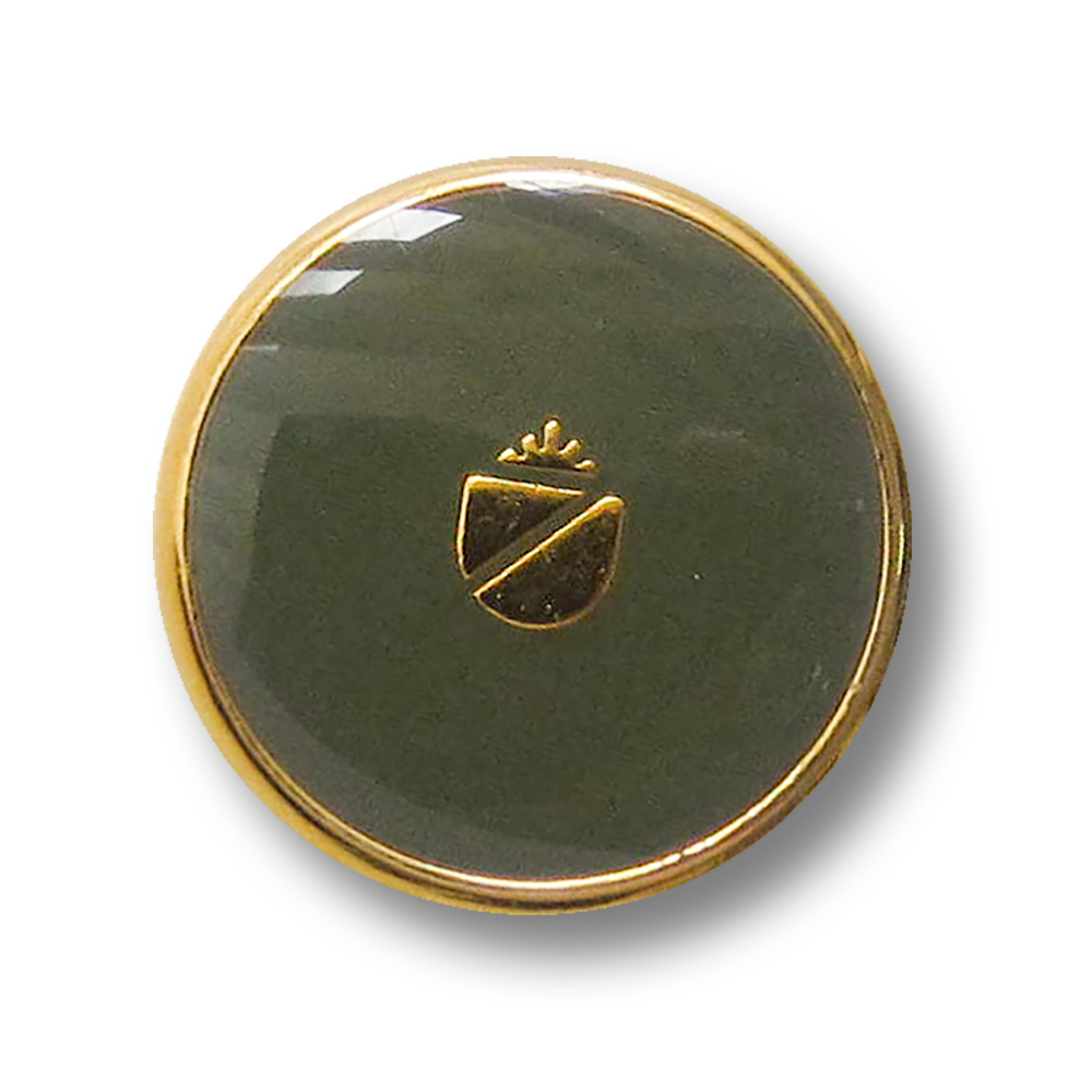 Metall Wappen Knopf mit Öse in glänzend Dunkelgrün und Goldfarben