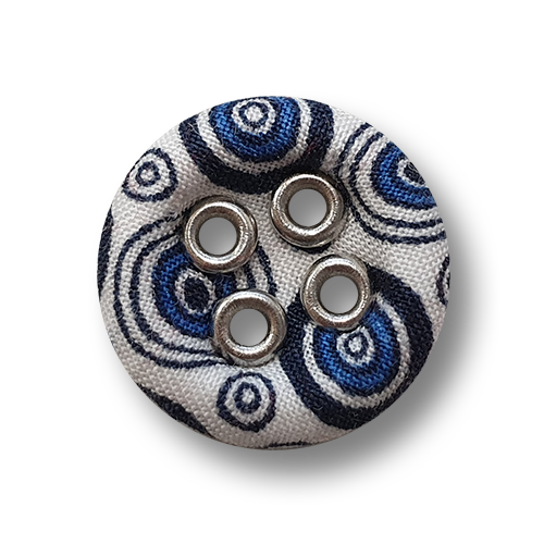 www.Knopfparadies.de - 5949sw - Nostalgische weiße Stoffknöpfe mit blauem Kreis Muster