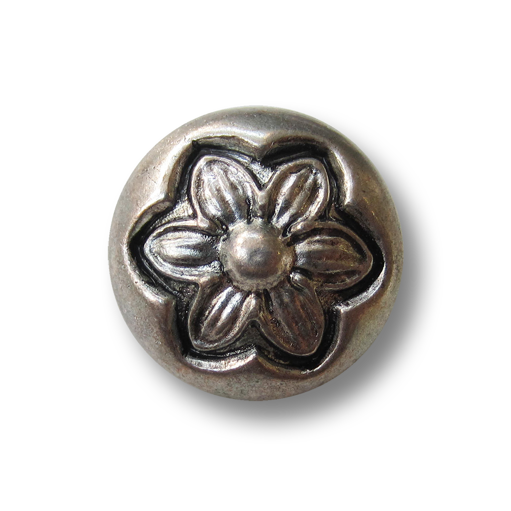 Altsilberfb. Metall Knopf mit Blüte in Vintage Optik