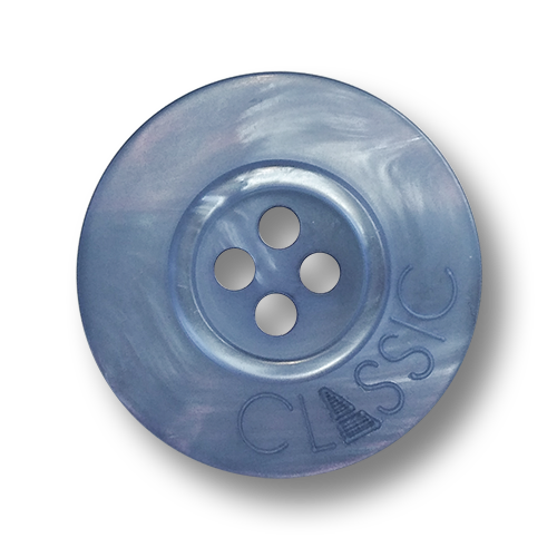 www.knopfparadies.de - 6563bl - Blau schimmernde Mantelknöpfe aus Kunststoff mit vier Knopflöchern