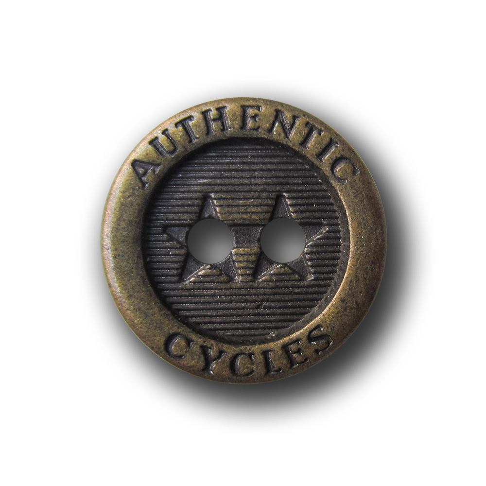 Kleiner altmessingfarb. Metall Jeans Knopf mit Sternen und Inschrift AUTHENTIC CYCLES