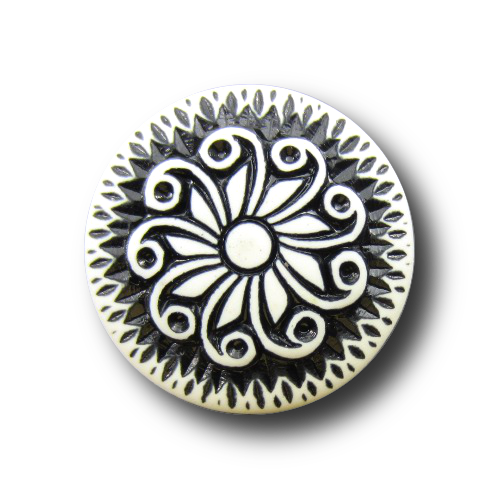 www.knopfparadies.de  - k809sw - Ösenknöpfe schwarz weiß filigranes Ornament Kunststoff leicht