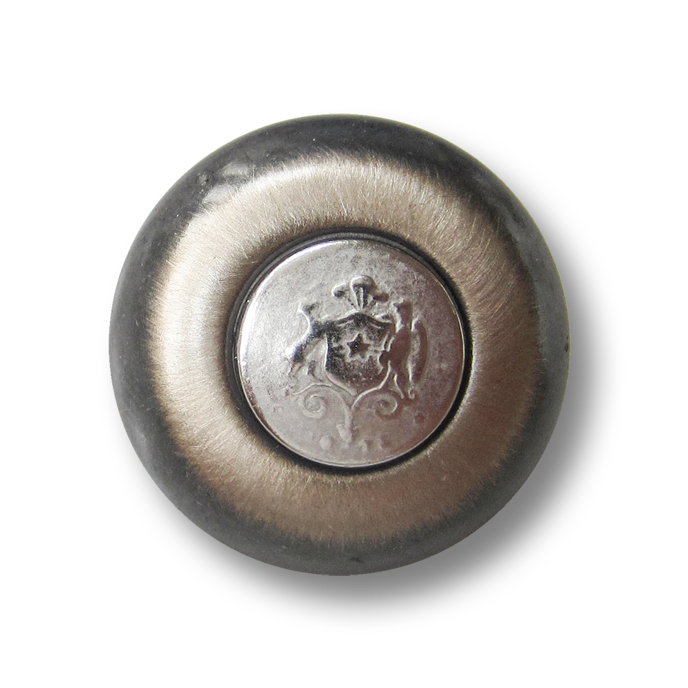 Eisenfb. Metall Ösen Knopf mit silberfb. Wappen Motiv