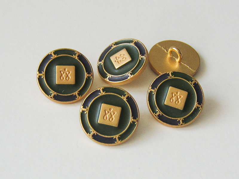 www.Knopfparadies.de - 4022gr - Imposante goldene Metallknöpfe mit Viereck, Symbolen und grünen & blauen Flächen