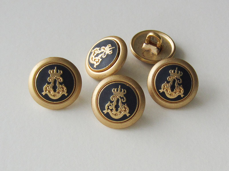 www.Knopfparadies.de - 4144go - Edle blau goldfarbene Metallknöpfe mit Krone & Wappen Motiv