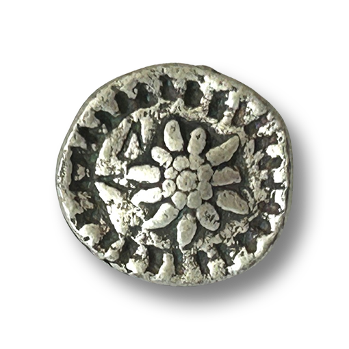 www.knopfparadies.de - d622as - Kleiner silberfarbener Trachtenknopf aus Metall mit plastischem Edelweiß