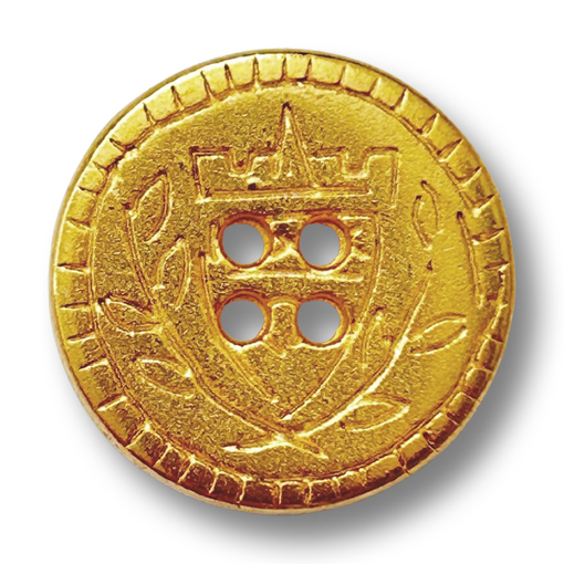 www.knopfparadies.de - 3867go - Runder goldglänzender Metallknopf mit geprägtem Wappen samt Krone und Lorbeerkranz