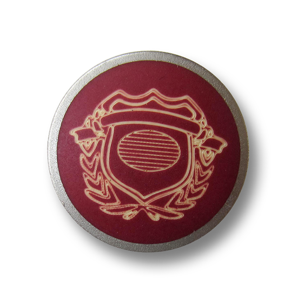 Rot silberfb. Metall Knopf mit naturweißem Wappen