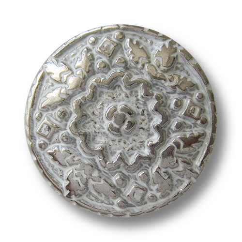 www.Knopfparadies.de - 0495sw - Weiß silberne Metallknöpfe mit üppiger Verzierung
