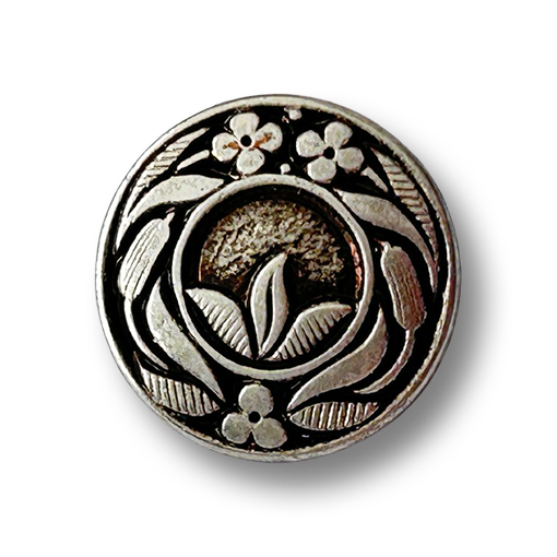 www.knopfparadies.de - 5164as - Jugendstil Metallknopf mit Blumenmotiv in Altsilber