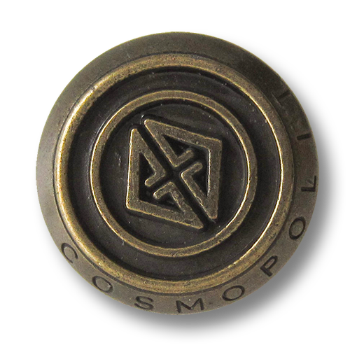www.Knopfparadies.de - 3092am - Edle Metallknöpfe in Altmessing mit Logo und Schriftzug Cosmopolit