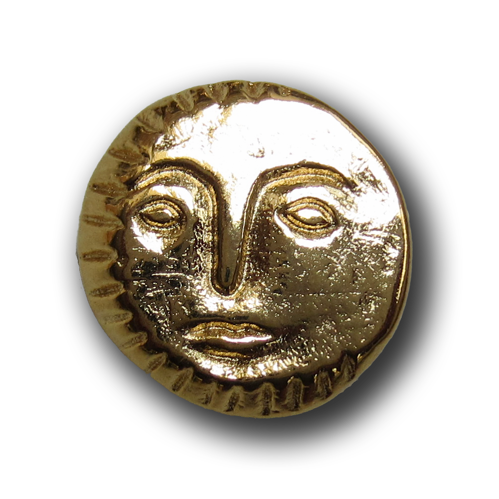 Glänzend goldfarbener Metallknopf mit Gesicht