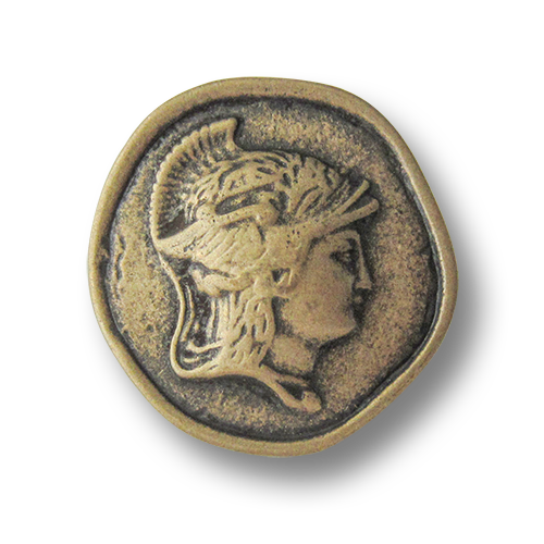 Altmessingfb. Münzknopf mit Hermes-Kopf