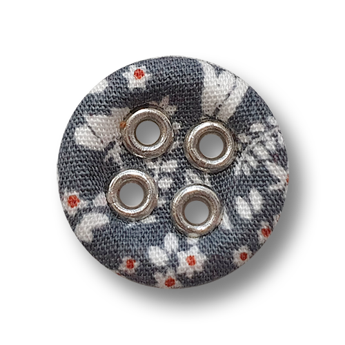 www.Knopfparadies.de - 5949gf - Nostalgische graue Stoffknöpfe mit weiß roten Blumen