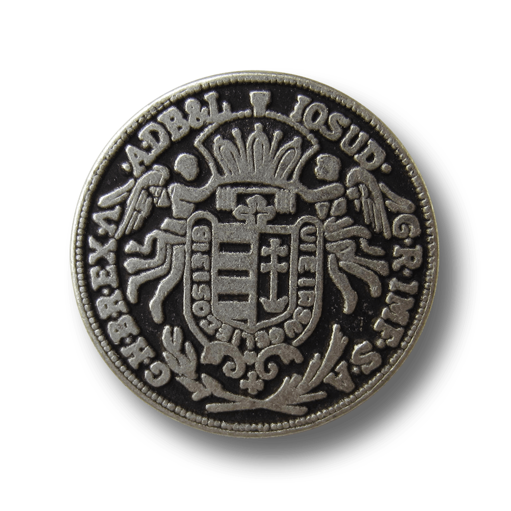 Edler silberfb. Münz Metall Knopf mit Wappen & Engeln