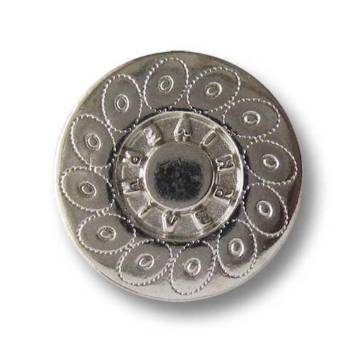 www.Knopfparadies.de - 0560sg - Silberfarbene Metallknöpfe mit Kreismuster und Schriftzug