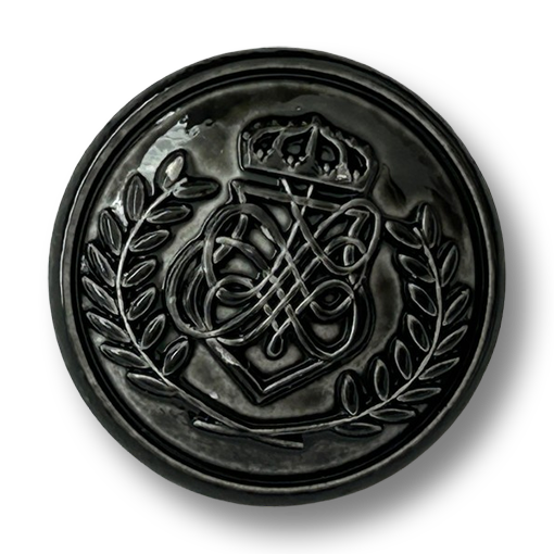 www.knopfparadies.de - 7043sc - Schwarzer Metall-Wappenknopf mit Krone und Monogramm