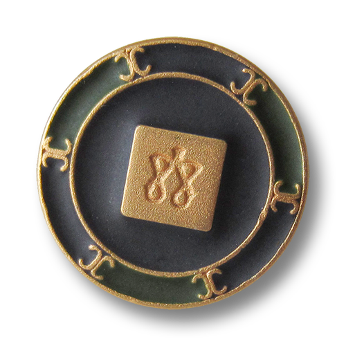 www.Knopfparadies.de - 4022db - Imposante goldene Metallknöpfe mit Viereck, Symbolen und grünen & blauen Flächen