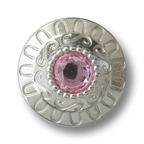 www.knopfparadies.de - 3440ps - Silberfarbene Metallknöpfe mit pinkem Glitzerstein