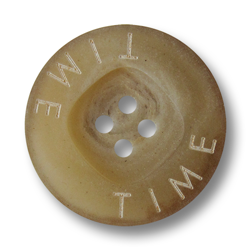 www.Knopfparadies.de - 2661be - Moderne beige Kunststoffknöpfe in Horn Optik mit weißem Schriftzug "TIME"