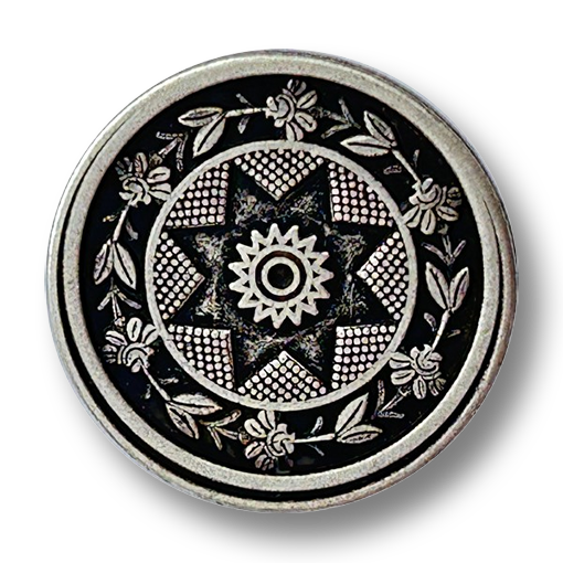 www.knopfparadies.de - 0064as - Runder altsilberfarbener Metallknopf mit nostalgischem Stern- und Blumenmuster im Antik-Look