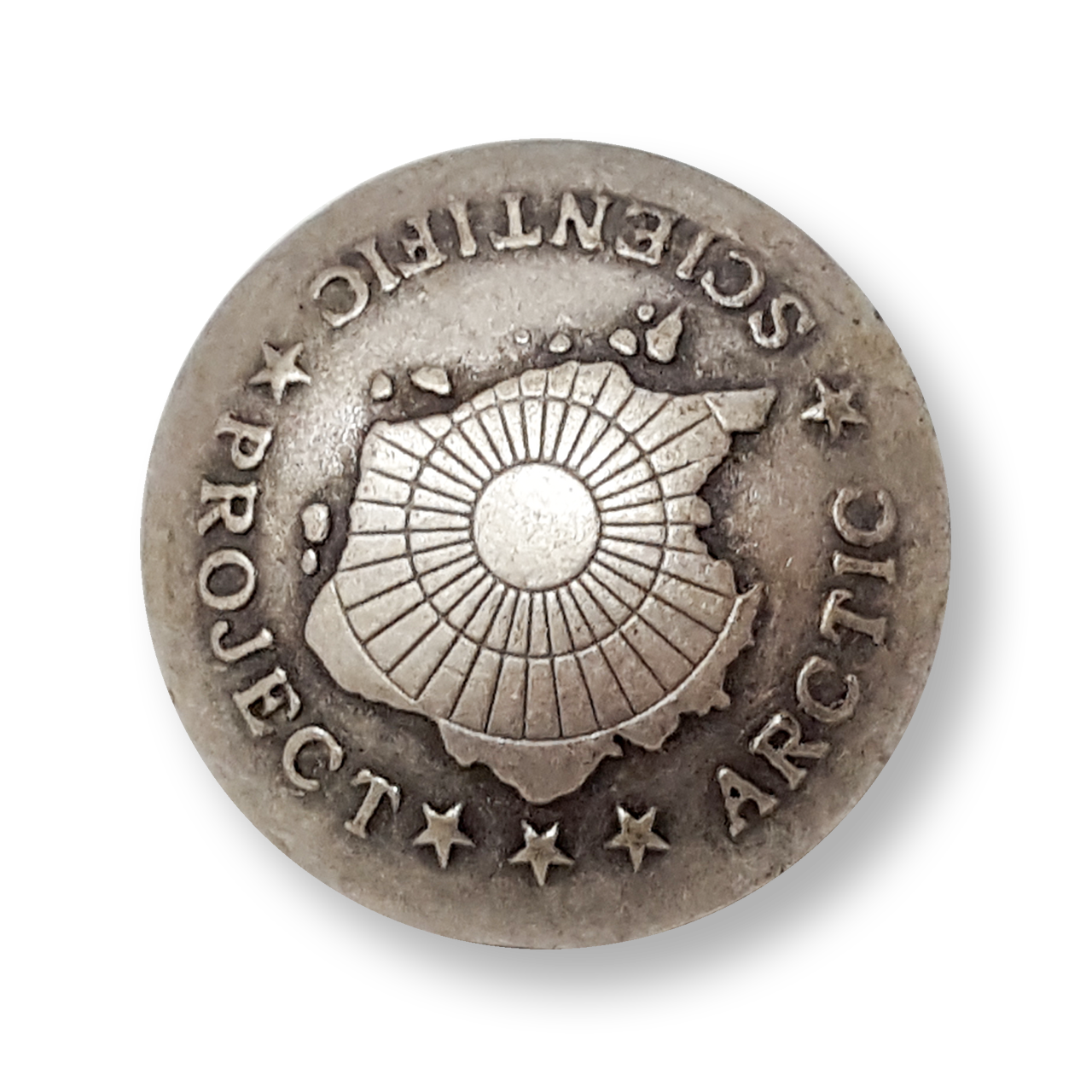 www.knopfparadies.de  - 0997as - Metallknöpfe Arctic Project Scientific altsilber