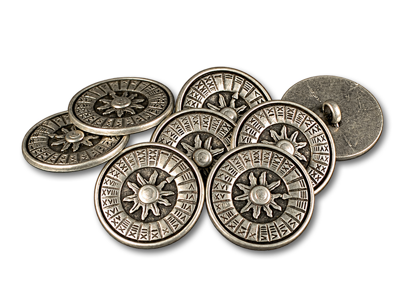 Alt-silberfarbene Metallknöpfe mit Sonnenmotiv und Zeichenmuster