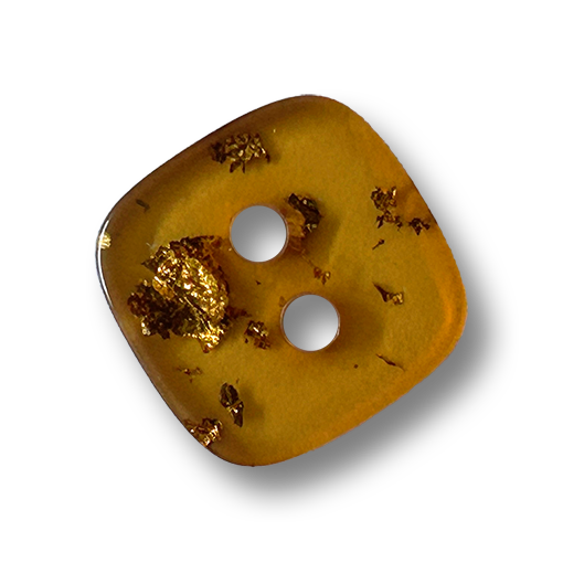 Quadratischer Knopf in transparenter Bernstein-Optik mit Blattgold-Effekten – 2-Loch