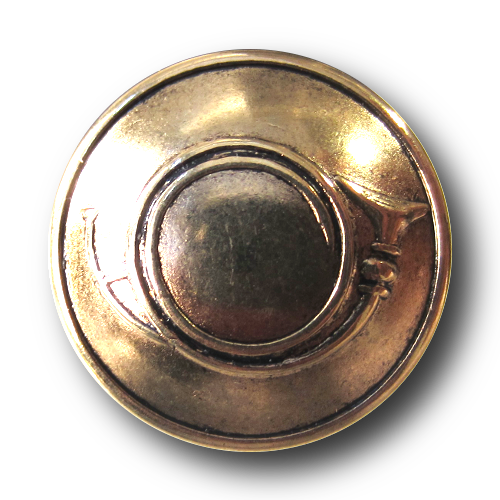 Leicht gewölbter Metallknopf altgold mit Jagdhorn-Motiv
