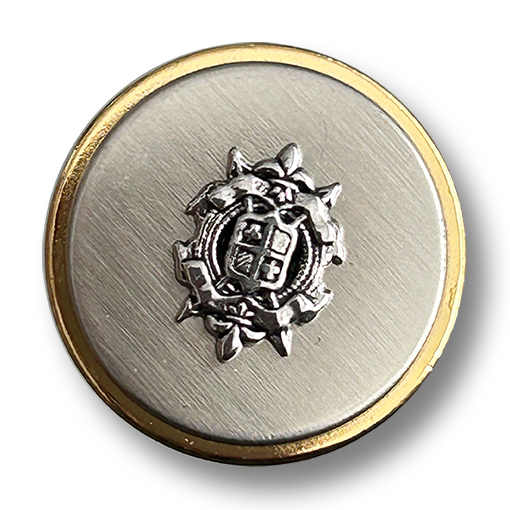 www.knopfparadies.de  - 1322si - silberfarbene Metallknöpfe mit Wappenmotiv und goldfarbenem Rand