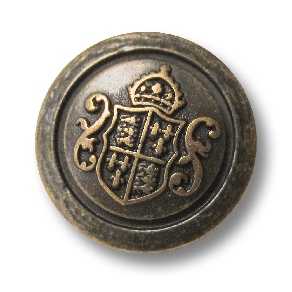 Edler Metall Ösen Knopf mit Wappen, Krone und Zierbögen in Altmessingfarben