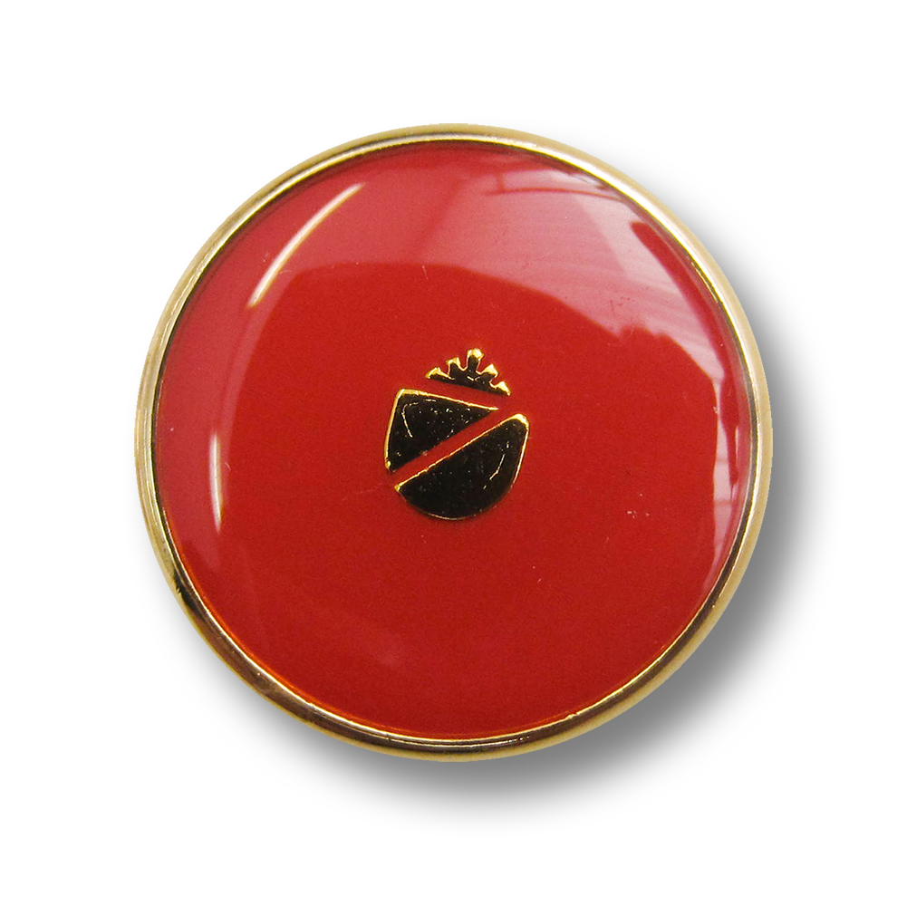 Glänzend rot goldfarbener Metall Knopf mit Wappen