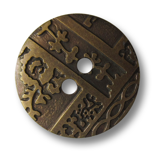 www.Knopfparadies.de - 5172me - Messingfarbene Zweiloch Kunststoffknöpfe mit Ornament Muster