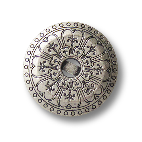 Bildschöne altsilberfarbene Metallknöpfe mit Ornament Muster und Öse